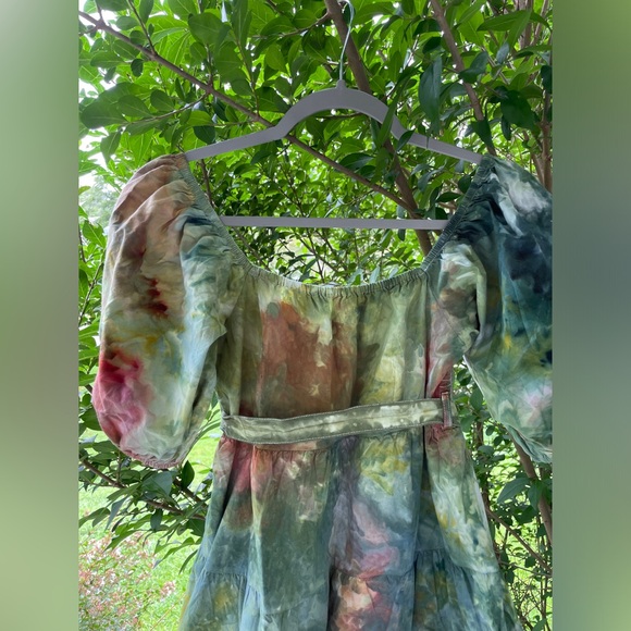 Forest Fairy: One of a Kind Ice Dyed Dress - Puff Sleeve - Tiered Skirt - Small - Picture 2 of 12